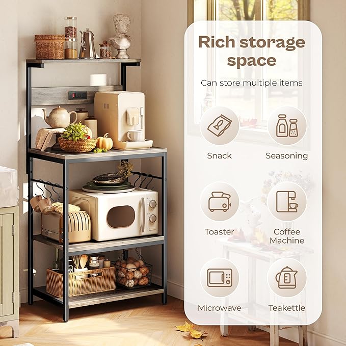 SUPERJARE Kitchen Bakers Rack with Power Outlet, Coffee Bar Table 4 Tiers, Kitchen Microwave Stand with 6 S-Shaped Hooks, Kitchen Storage Shelf Rack for Spices, Pots and Pans - Greige