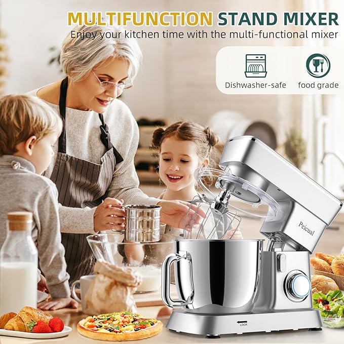 Stand Mixer, 6QT 10+P Speed Tilt-Head Kitchen Electric Mixer, Food Mixer with Stainless Steel Bowl, Dough Hook, Flat Beater, Wire Whisk, Splash Guard for Daily Use - Silver