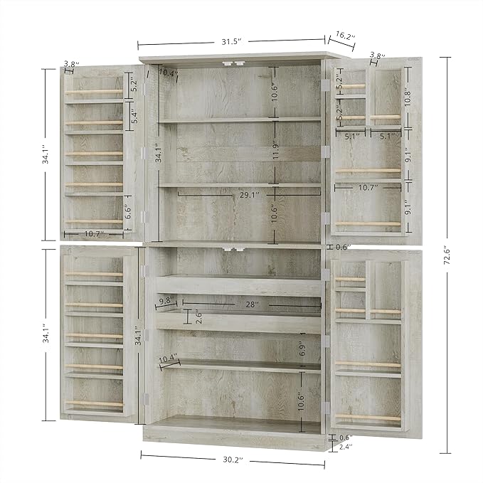 IRONCK Kitchen Pantry Storage Cabinet 72.8" H, 4 Barn Doors with Storage Rack, 4 Adjustable Shelves, Freestanding Cupboard for Dining Room Living Room, Laundry, Rustic Maple