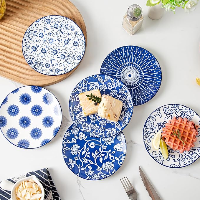 Ceramic Dessert Plates Set - 6 Inch Small Appetizer Plates for Kitchen - Salad Plate for Cake Snacks Side Dish, Microwave Dishwasher Safe, Gift, Vintage Blue