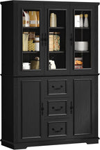 YITAHOME 71" H x 47" W Kitchen Pantry with 3 Drawers, Large Storage Cabinet with 3 Glass Doors & Adjustable Shelves, Freestanding Tall Display China Cabinet for Living & Dining Room, Black