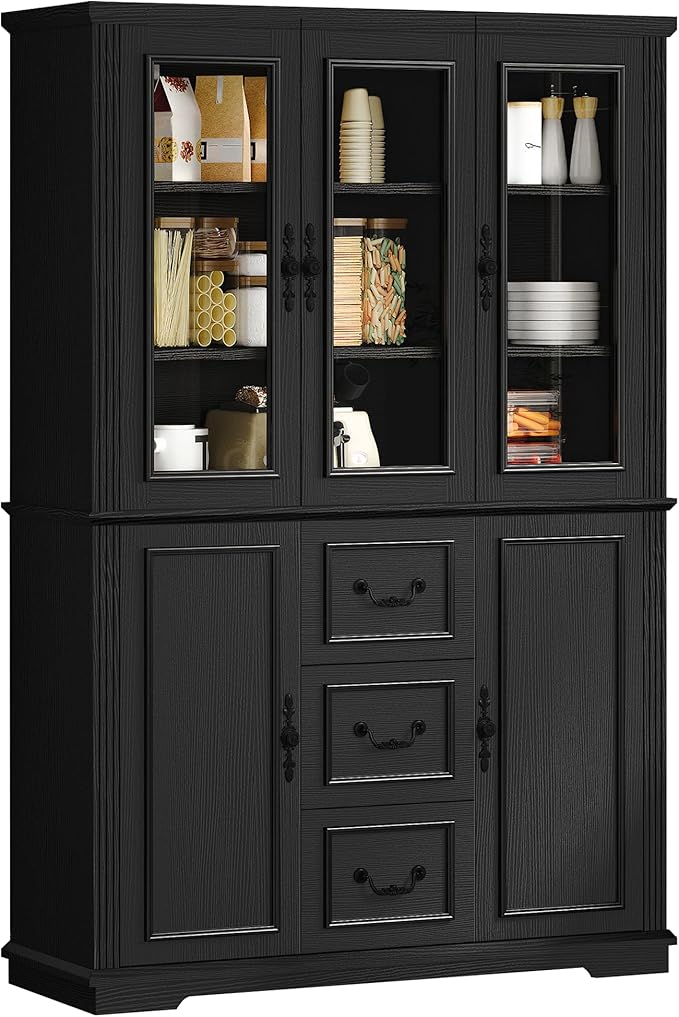 YITAHOME 71" H x 47" W Kitchen Pantry with 3 Drawers, Large Storage Cabinet with 3 Glass Doors & Adjustable Shelves, Freestanding Tall Display China Cabinet for Living & Dining Room, Black