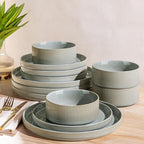 TheTerra Ceramic Dinnerware Sets for 4, 12 Pieces Porcelain Lightweight Plates and Bowls Sets, Scratch Resistant Dish Set, Oven & Microwave & Dishwasher Safe, Desert Sage