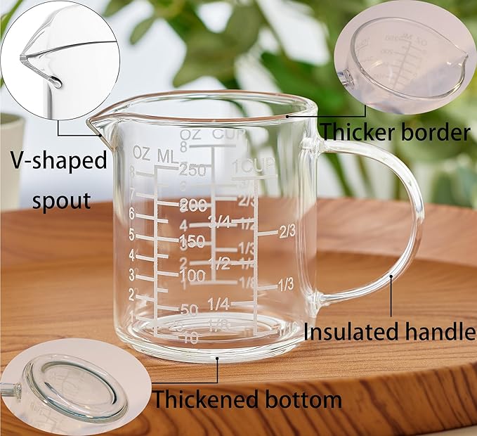 Ackers Mirror Scale Glass Measuring Cup-[Insulated handle | V-Shaped Spout]-Made of High Borosilicate Glass Measuring Cup for Kitchen or Restaurant, Easy to Read, 250 ML (8 Oz, 1 Cup)