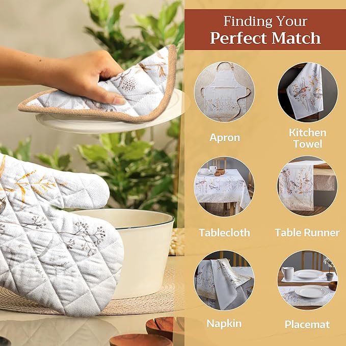 Maison d' Hermine Pot Holders Set 100% Cotton Heat Resistant Potholders 8" x 8" Hot Pads with Loop BBQ, Cooking, Grilling, Kitchen, Handling Hot Pans Spring/Summer (Pack of 2, Meadow Florals - Beige)