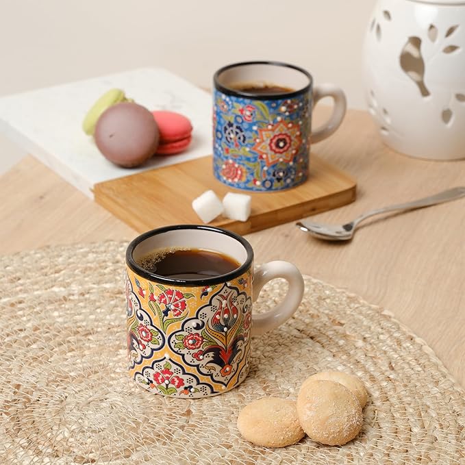 Ceramic Espresso Cups, 5 Oz Espresso Cups Set of 4, Handmade Espresso Cup, 2.75 Inch Espresso Mugs, Multicolor Demitasse Cups, Microwave & Dishwasher Safe Espresso Mugs, Coffe Mug Set (FLOWER BLOOM)