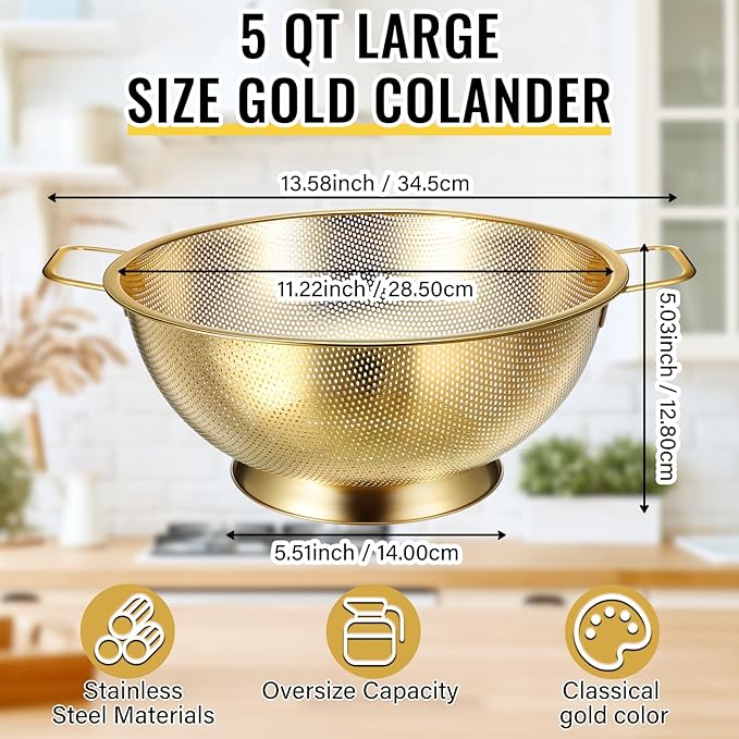 Norme 5 Quart Stainless Steel Gold Colander and 3 Pcs Gold Fine Mesh Strainer, Stainless Steel Pasta Rice Food Metal Strainer with Handles, Easy Clean and Dishwasher Safe