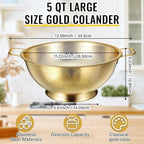 Norme 5 Quart Stainless Steel Gold Colander and 3 Pcs Gold Fine Mesh Strainer, Stainless Steel Pasta Rice Food Metal Strainer with Handles, Easy Clean and Dishwasher Safe