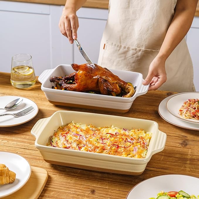 Casserole Dishes for Oven Microwave, Porcelain Baking Dishes with Handles, Rectangular Deep Lasagna Pans, Premium Ceramic Bakeware, Yellow 2.9 Qt (8.46"x14.56") Housewarming Gift