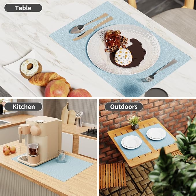 Cloth Placemats, Set of 4 Heat-Resistant Cotton Linen Blend Double Layered Machine Washable Place Mats, Wrinkle Free Thick Fabric Dining Table Mats for Indoors & Outdoors (Sky Blue, 4)