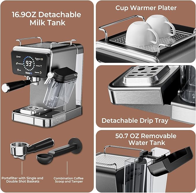 Espresso Machine with Automatic Milk Tank,Espresso Cool & Cappuccino Machine, 20Bar Espresso Coffee Machines, Touch Screen with Timer, 50.7Oz Removable Reservoir, Black