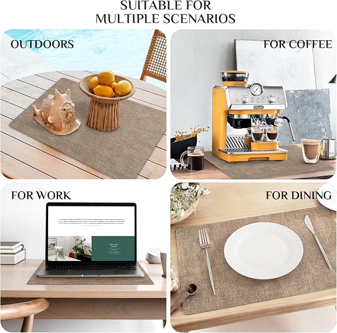 Softalker Vinyl Placemats Set of 4 - Faux Leather Heat Resistant Place Mats, 100% Waterproof Oilproof Wipe Clean Table Mats for Indoor & Outdoor Use, 17’’×12’’, Khaki