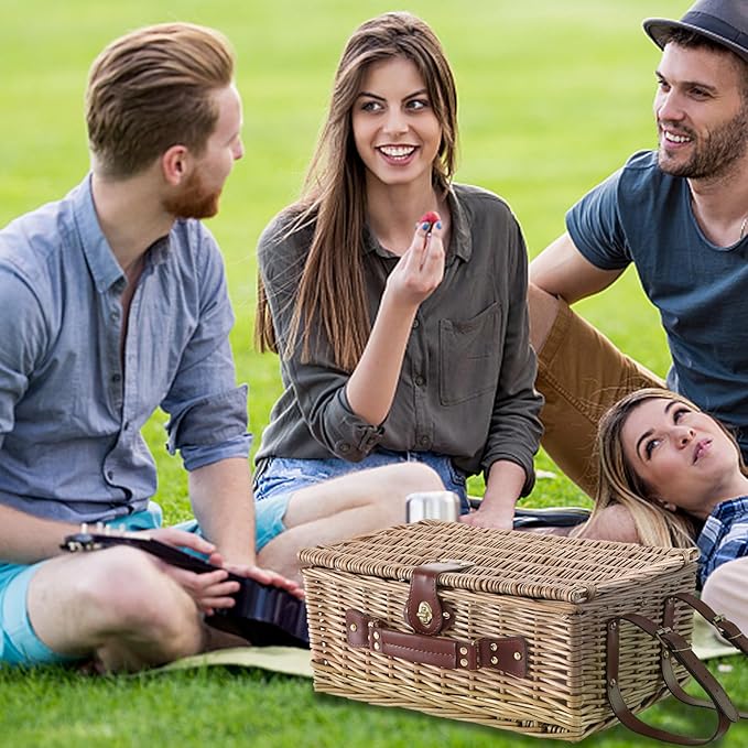 Picnic Basket Set for 4 with Waterproof Blanket Mat Insulation Bag Wicker Classic Vintage Retro Red Plaid Gift for Wedding Birthday Summer Camp Outdoor Camping Beach Travel Christmas