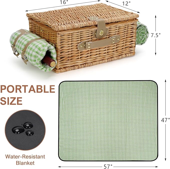 Picnic Basket for 4, Insulated Willow Picnic Baskets with Shoulder Strap, Picnic Hamper with Waterproof Picnic Blanket, Handmade Wicker Hamper for Outdoor Camping, GreenCheck