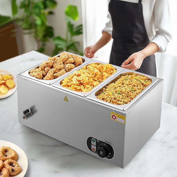 WILPREP Commercial Food Warmer with Three 1/3 Pans, 1500W Countertop Electric Warmer, 86-185°F Adjustable Temp Control & Over-Temp Protection, Stainless Steel Buffet Bain Marie