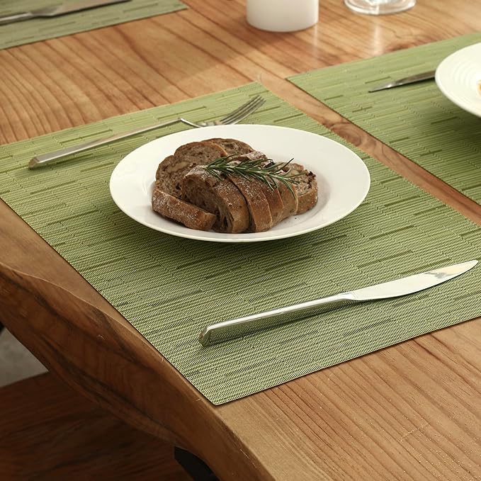 Leetaltree Pea Green Placemats Set of 12 - Heat Resistant Non-Slip Place mats for Dining Table, Washable Durable PVC Vinyl Woven Table Mats（Pea Green, 12）