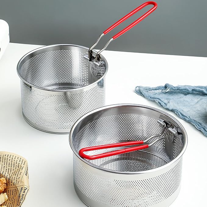 Pasta Strainer Set of 2, Stainless Steel Noodle strainer with Removable Handle Metal Pasta Strainer Basket Deep Fryer Basket, Kitchen Colander for Washing Draining Deep-frying Boiling Steaming