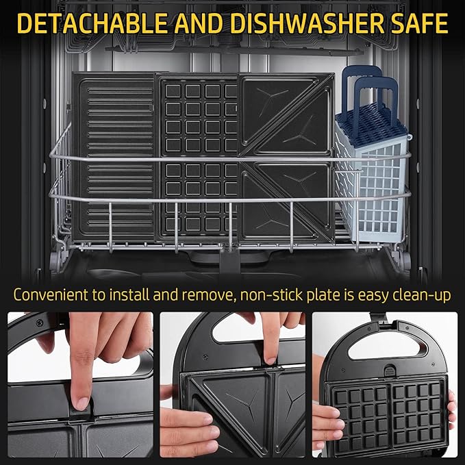 OSTBA 3-in-1 Sandwich Maker with Removable Plates, Panini Press, Waffle Maker, Non-Stick, 750W Compact Breakfast Grill for Sandwiches, Waffles, Steak, Black