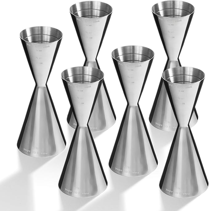 Piña Barware Slim Stainless Steel Commercial 2oz. / 1oz. Slim Style Measuring Jigger Bar Tool (Polished Finish, 6 Pack/Commercial Bar Pack)