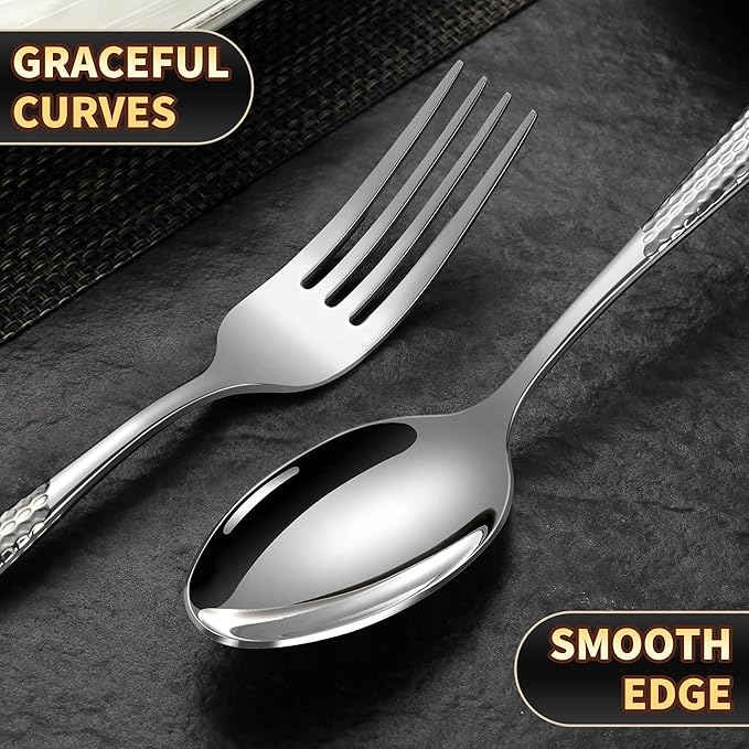 Lemeya 40-Piece Hammered Silverware Set for 8 with Serrated Forging Knives,18/10 Stainless Steel Modern Flatware Set,Unique Cutlery Set Spoons and Forks Set,Mirror Polished,Dishwasher Safe