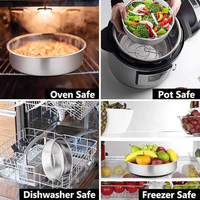 P&P CHEF Cake Pan Set of 4, Stainless Steel Baking Round Cake Pans Tins Bakeware for Birthday Wedding, Leak-proof & Easy Clean, Mirror Finish & Easy Releasing, 8 Inch