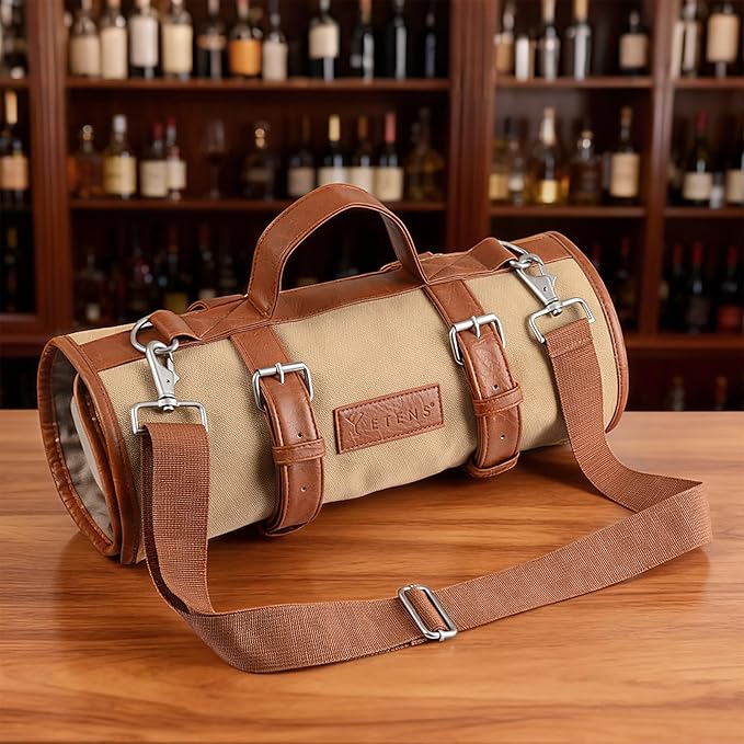 Bartender Travel Kit with Waxed Bag | 22 Piece Bar Set in Roll | Portable Cocktail Tools for Home & Travelling Bartending – Professional Boston Shakers, Unbreakable Melon Squeezer, Accessories