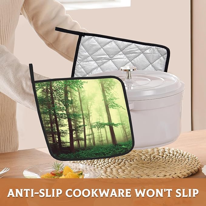 Misty Forest Pot Holders Set of 2, Kitchen Heat Resistant Fantasy Green TreePotholder for Microwave Cooking Baking Oven End Dishes and BBQ
