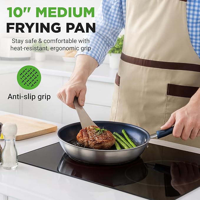 NutriChef 10" Medium Fry Pan - Medium Skillet Nonstick Frying Pan with Silicone Handle, Ceramic Coating, Blue Silicone Handle, Stain-Resistant And Easy To Clean, Professional Home Cookware
