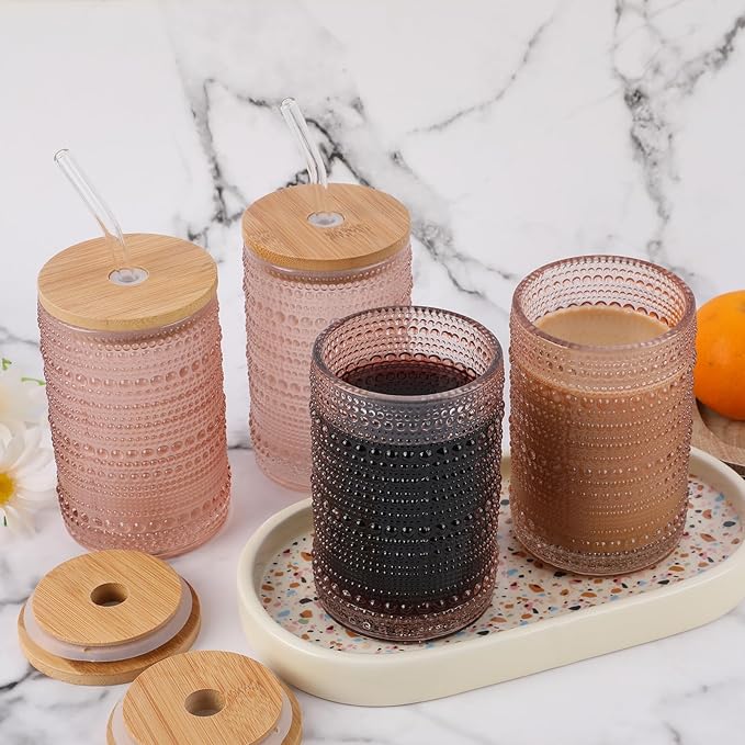 Vintage Drinking Glasses Set of 4 with Bamboo Lids, Textured Clear Striped Ribbed Glassware Set Cocktail Set Beaded Glass Cups Old Fashion Embossed Iced Coffee Cup for Beer, Beverage(16 oz), Rose Gold