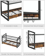 Hanging Pot Rack, Pot Rack Wall Mounted, 2-Tier Kitchen Pot and Lid Organizer, Wall-Mounted Pot Rack with 12 Hooks, for Kitchen Storage of Pots, Pans, Utensils, Rustic Brown TPR02BF