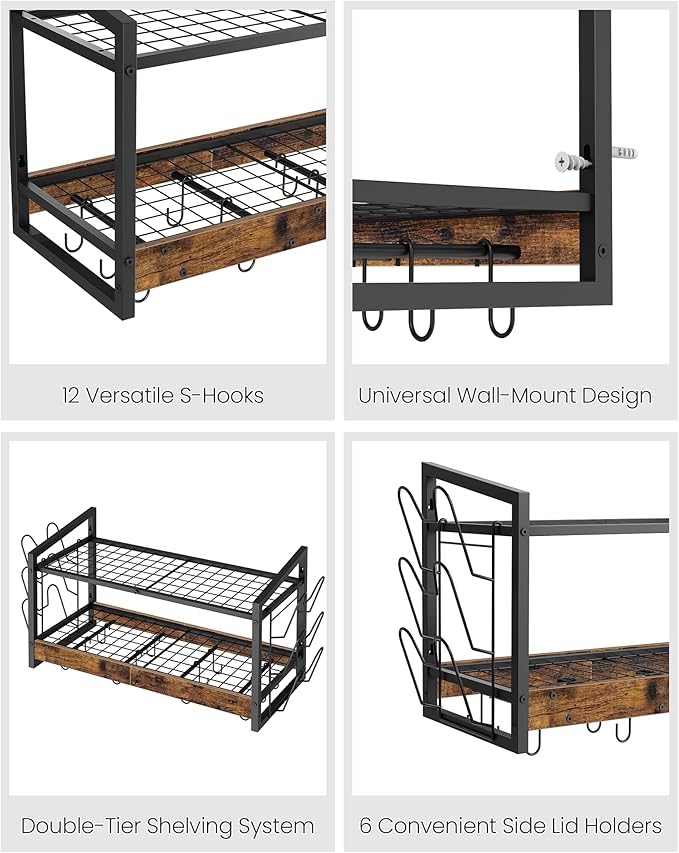 Hanging Pot Rack, Pot Rack Wall Mounted, 2-Tier Kitchen Pot and Lid Organizer, Wall-Mounted Pot Rack with 12 Hooks, for Kitchen Storage of Pots, Pans, Utensils, Rustic Brown TPR02BF