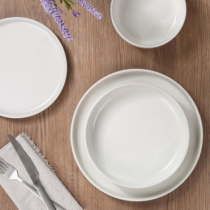 HaWare 16-Piece Plates and Bowls Set for 4, Stoneware Dinnerware Sets with Pasta Bowl, Dishes Set for Home Restaurant, Speckled Milky White