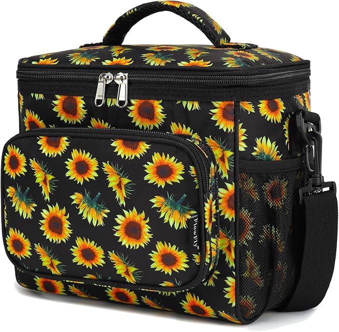 FlowFly Insulated Reusable Lunch Bag Adult Large Lunch Box for Women and Men with Adjustable Shoulder Strap,Front Zipper Pocket and Dual Large Mesh Side Pockets,Sunflower