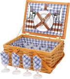 Picnic Basket Set for 4 Persons, Woven Woodchip Basket with Folding Handles & Lid, Blue and White Gingham Lining Basket Set with Utensils Cutlery - Perfect for Picnic, Camping, Valentine Day, Outdoor