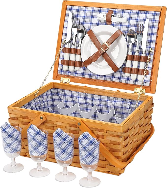 Picnic Basket Set for 4 Persons, Woven Woodchip Basket with Folding Handles & Lid, Blue and White Gingham Lining Basket Set with Utensils Cutlery - Perfect for Picnic, Camping, Valentine Day, Outdoor