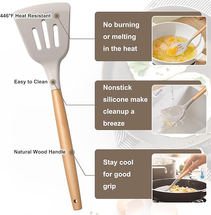 E-far Silicone Cooking Utensils Set, 5-Piece Kitchen Utensils Set with Wooden Handle for Cooking, Silicone Kitchen Nonstick Tools Spatula Turner Slotted Spoons, Nontoxic & Heat Resistant-Khaki