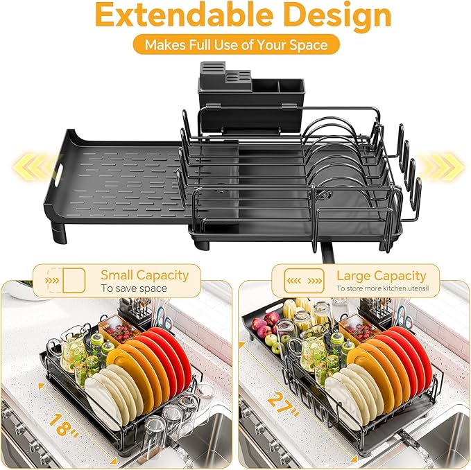 Simple Trending Extendable Dish Drying Rack, Multifunctional Dish Drainers for Kitchen Counter, Dish Strainer with Cutlery & Cup & Utensil Holder, Black