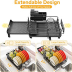 Simple Trending Extendable Dish Drying Rack, Multifunctional Dish Drainers for Kitchen Counter, Dish Strainer with Cutlery & Cup & Utensil Holder, Black
