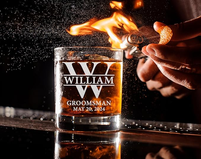 Single, Personalized Whiskey Glass For Groomsman Gifts, Best Man, Groom, 11oz Old Fashioned Custom Monogrammed Whiskey Glass