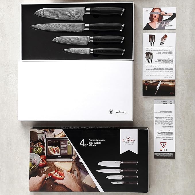 Wakoli MIK Damascus 4-Piece Knife Set – Japanese Style Kitchen Knives | Genuine Damascus Steel Blades with VG10 Core | Ergonomic Micarta Handles | Professional Chef Knife Set in Gift Box
