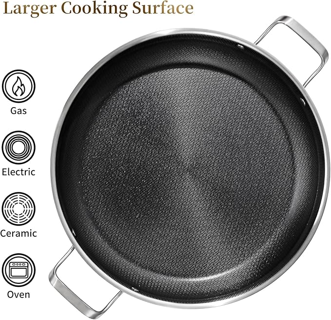 DELARLO Paella Pan 14 Inch Tri-Ply Stainless Steel Paella Pan with Lid Nonstick Frying Pan, Hybird Induction Large Skillets,Great for Paella Parties Indoors Outdoors,Heavy Duty Style
