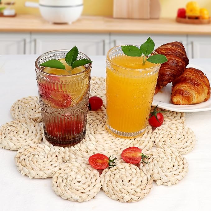 6pcs Vintage Drinking Glasses Set, 12 oz Tawny Highball Glasses, Embossed Ribbed Glassware Cups for Cocktail, Water, Juice, Coffee, Whiskey