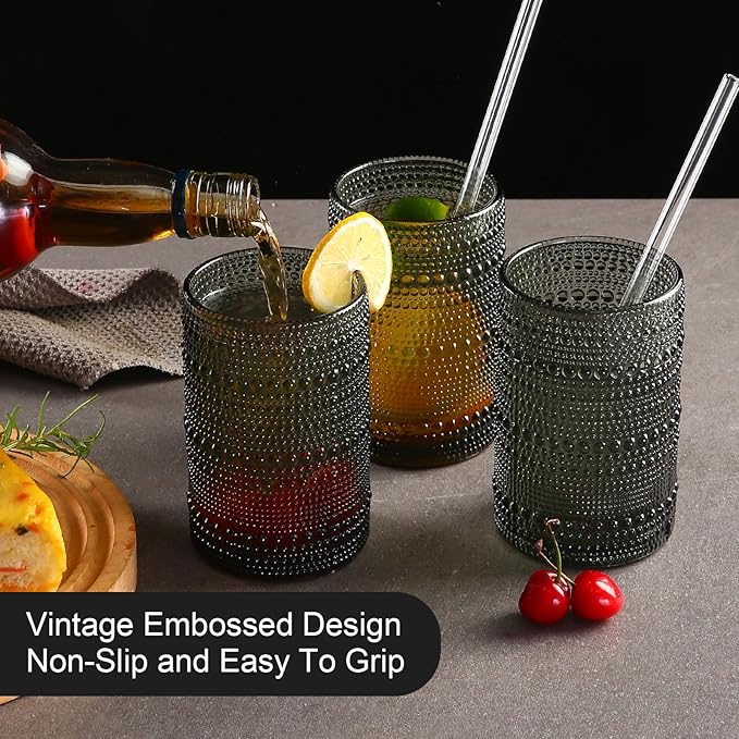 Vintage Glassware Drinking Glasses Set of 6,15 oz Hobnail Glass Cups,Embossed Grey Water Tumbler,for Beer,Cocktail,Whiskey,Juice and Various Mixed Drinks- 1 Cleaning Brush