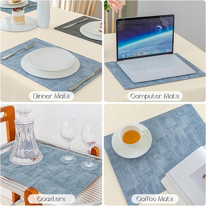 Romanstile Reversible Vinyl Placemats Set of 4, Faux Leather 100% Waterproof Oil-Proof Wipeable Place Mats, Heat Resistant Dual Sided Table Mats for Kitchen/Dining/Party (Grey Sky Blue, 12 x 17 Inch)