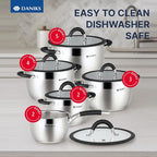 Daniks Orlando 10-Piece Stainless Steel Induction Cookware Set – Dishwasher Safe Saucepan, Pots with Heatproof Handles, Glass Lids, Measuring Scale, Silver