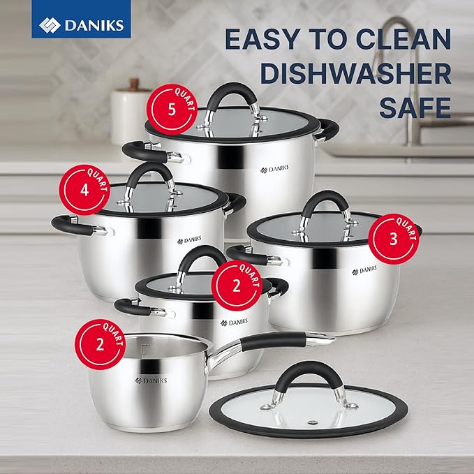 Daniks Orlando 10-Piece Stainless Steel Induction Cookware Set – Dishwasher Safe Saucepan, Pots with Heatproof Handles, Glass Lids, Measuring Scale, Silver