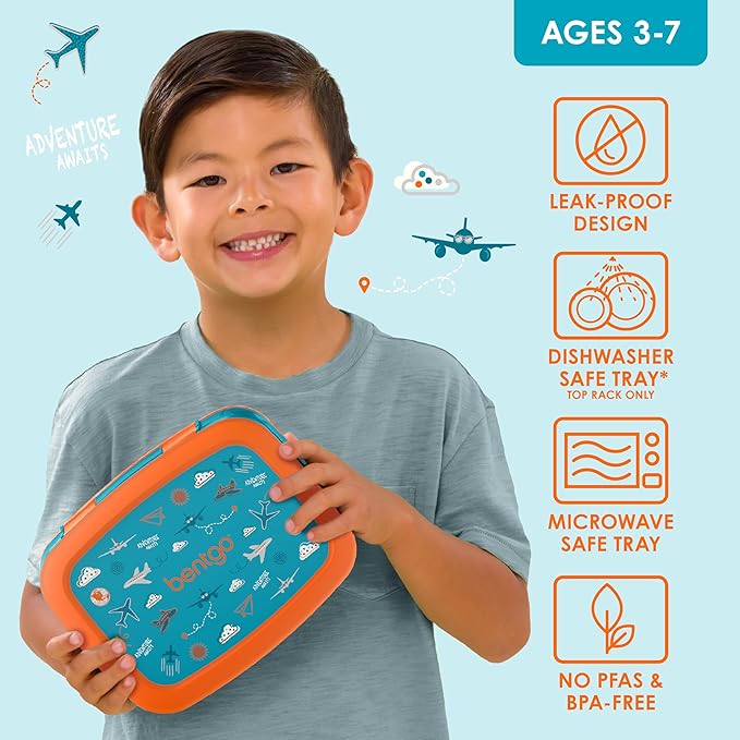 Bentgo Kids Prints Leak-Proof, 5-Compartment Bento-Style Kids Lunch Box - Ideal Portion Sizes for Ages 3-7, Durable, Drop-Proof, Dishwasher Safe, & PFAS & BPA-Free Materials (Planes)