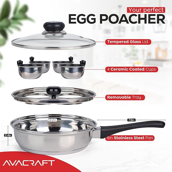 AVACRAFT Egg Poacher, Stainless Steel Egg Poaching Pan, Poached Eggs Cooker Food Grade PFOA free