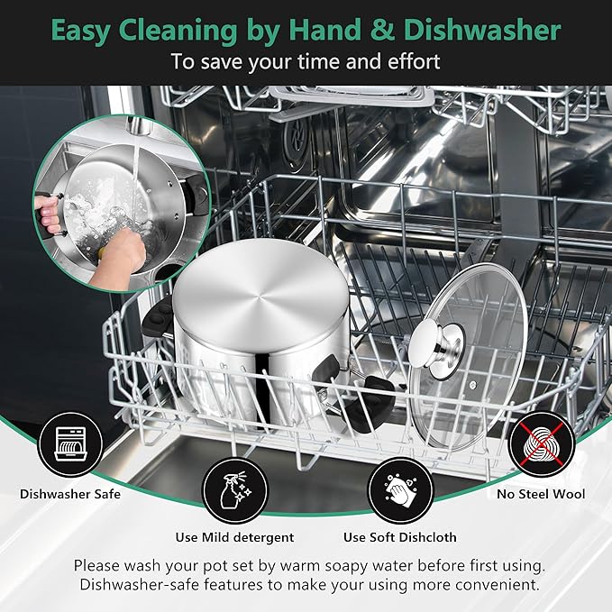 6 Quart 3-Ply Cooking Stock Pot with Lid, P&P CHEF Stainless Steel Large Pot for Pasta Soup, Work on Multi Stove, Heavy Duty & Dishwasher Safe, Dual Heat-resistant Handles & Visible Lid