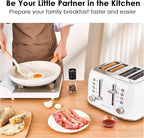 Roter Mond Toaster 4 Slice Retro Stainless Steel with Extra Wide Slots Bagel, Defrost, Reheat Function, Dual Independent Control Panel, Removable Crumb Tray, 6 Browning Levels, White